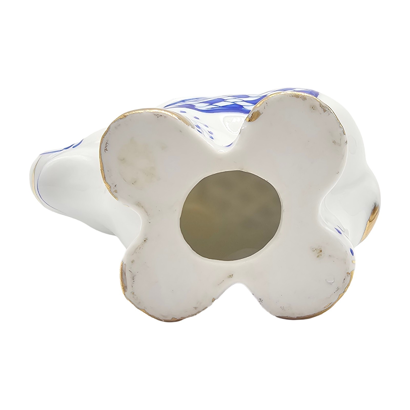 Vintage Blue Fishnet Porcelain Elephant Figurine Gold Accents Trunk Up Lucky 4"