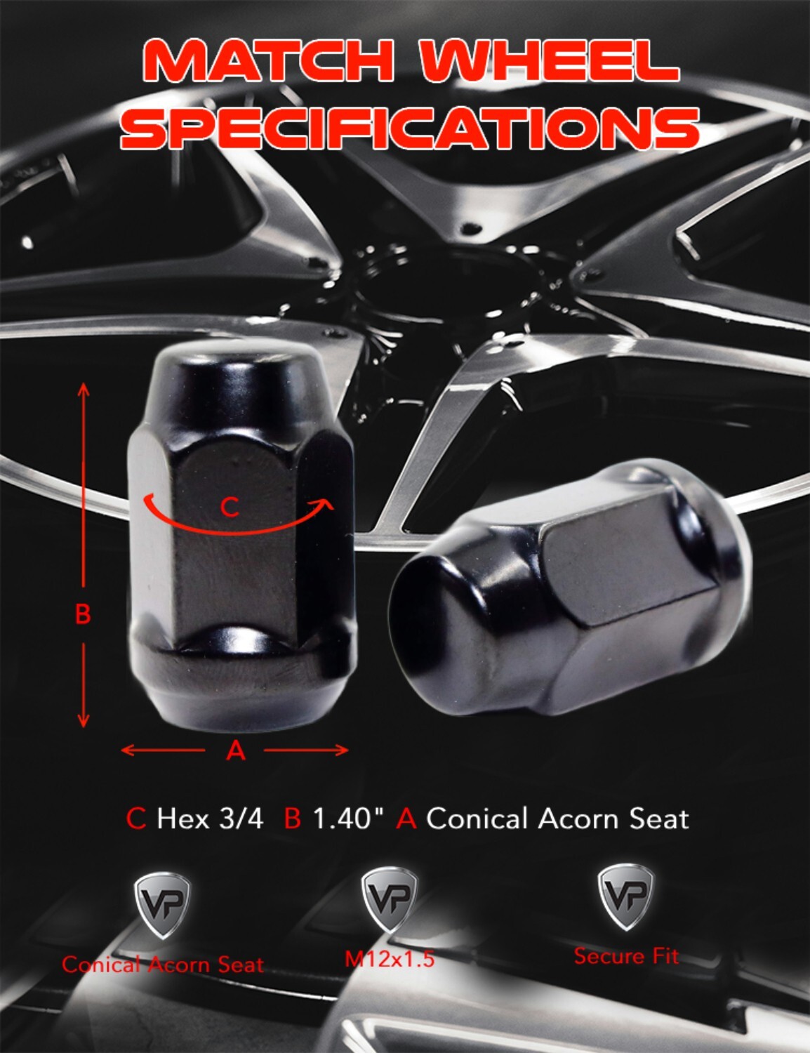 Set 20 12x1.5 Black Acorn Tuner Lug Nuts for Ford Fusion Focus Escape MKC MKZ