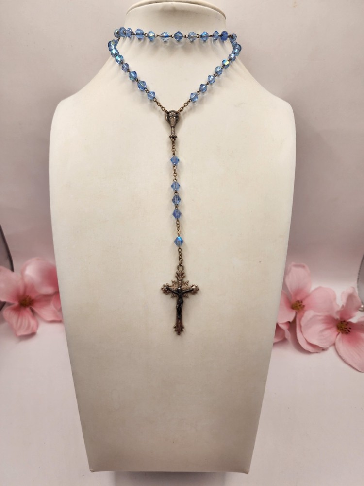 Vintage Catholic Rosary Blue Crystal Beaded Rosary