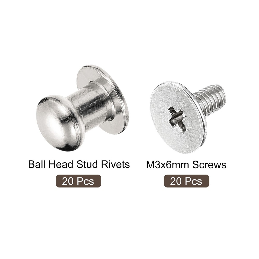 6mm Ball Head Stud Rivets Screw Back, 20Pack Round Head Button, Silver Tone
