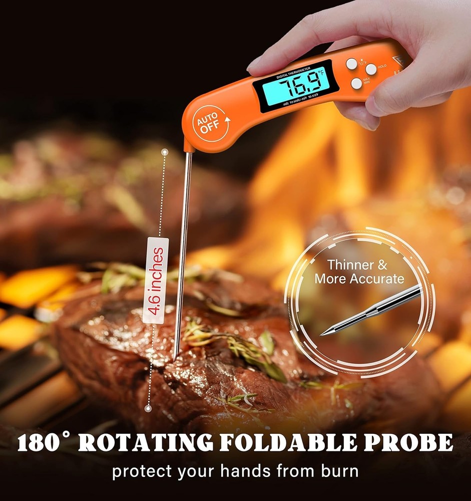 Instant Read Digital Meat Thermometer with Backlit Display - 4.6” Probe, Orange