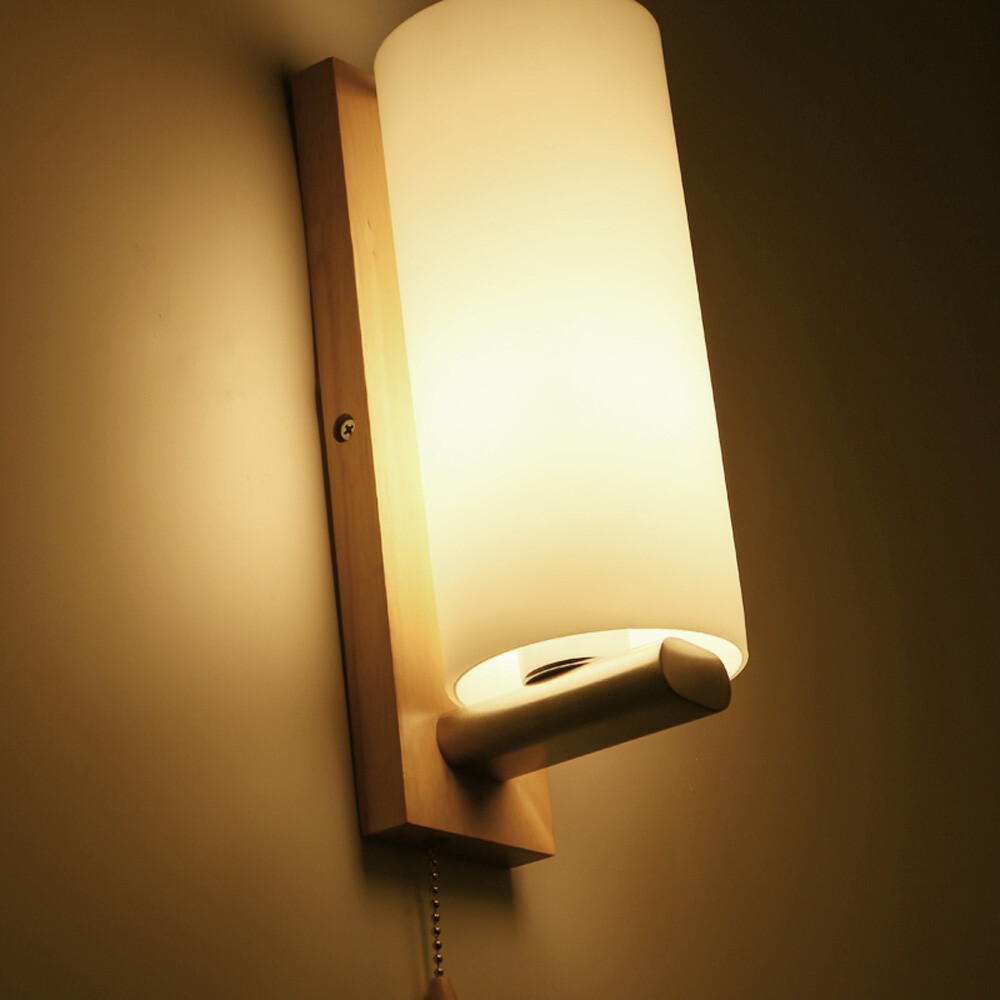 Modern White Wall Light Sconce Glass Shade Bedside Hallway Lamp With Pull Switch
