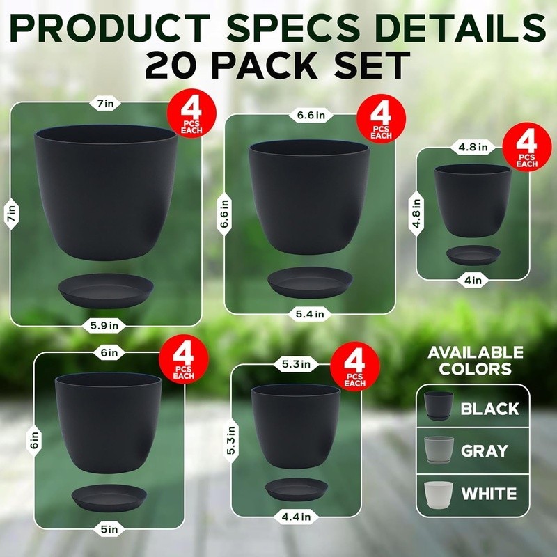 Stackable Plant Pots W/ Drainage Durable Plastic Planters Indoor Outdoor Use