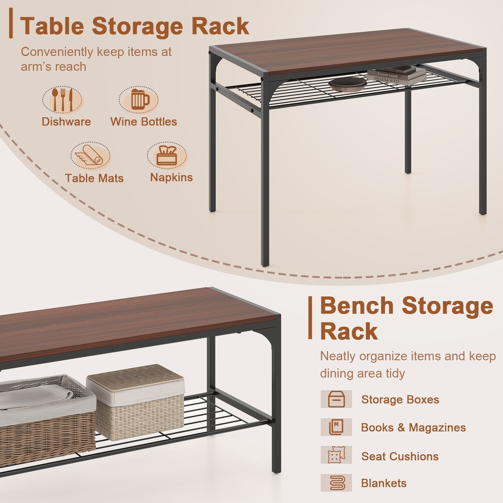 Dining Table Set for 4 Rectangular Table w/ 2 Chairs, 1 Bench, Storage Racks