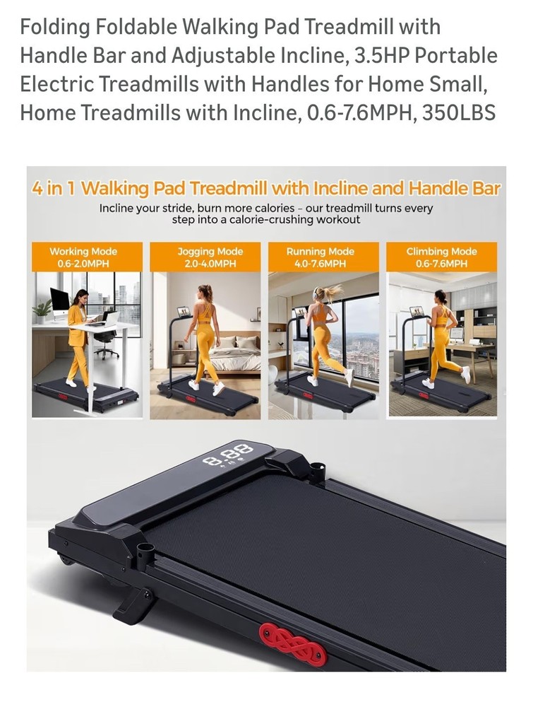 Folding Foldable Walking Pad Treadmill with Handle Bar and Adjustable Incline, 3