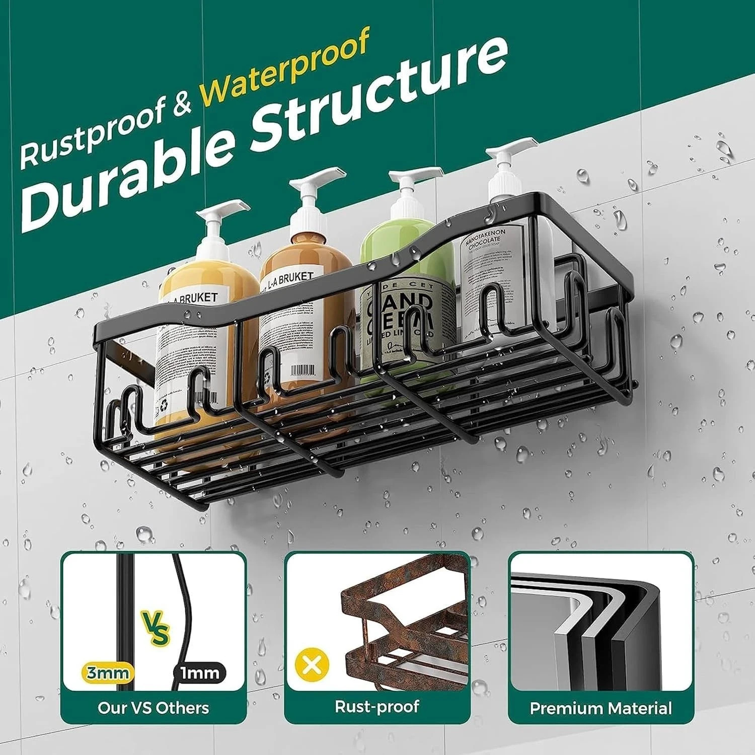 5 Pack/Set Shower Caddy Adhesive Shower Organizer for Bathroom & Kitchen | Black