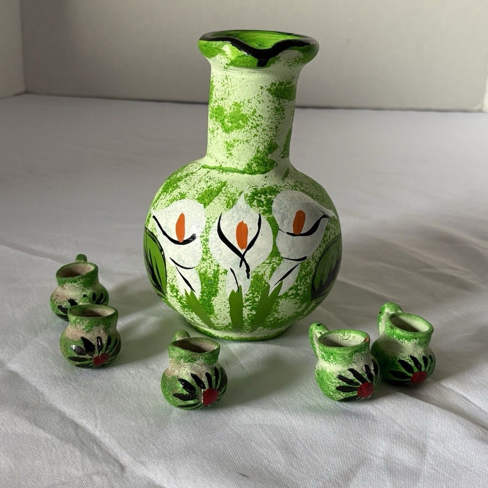 Hand Painted Terracotta Clay Pottery Pitcher And Small Cups