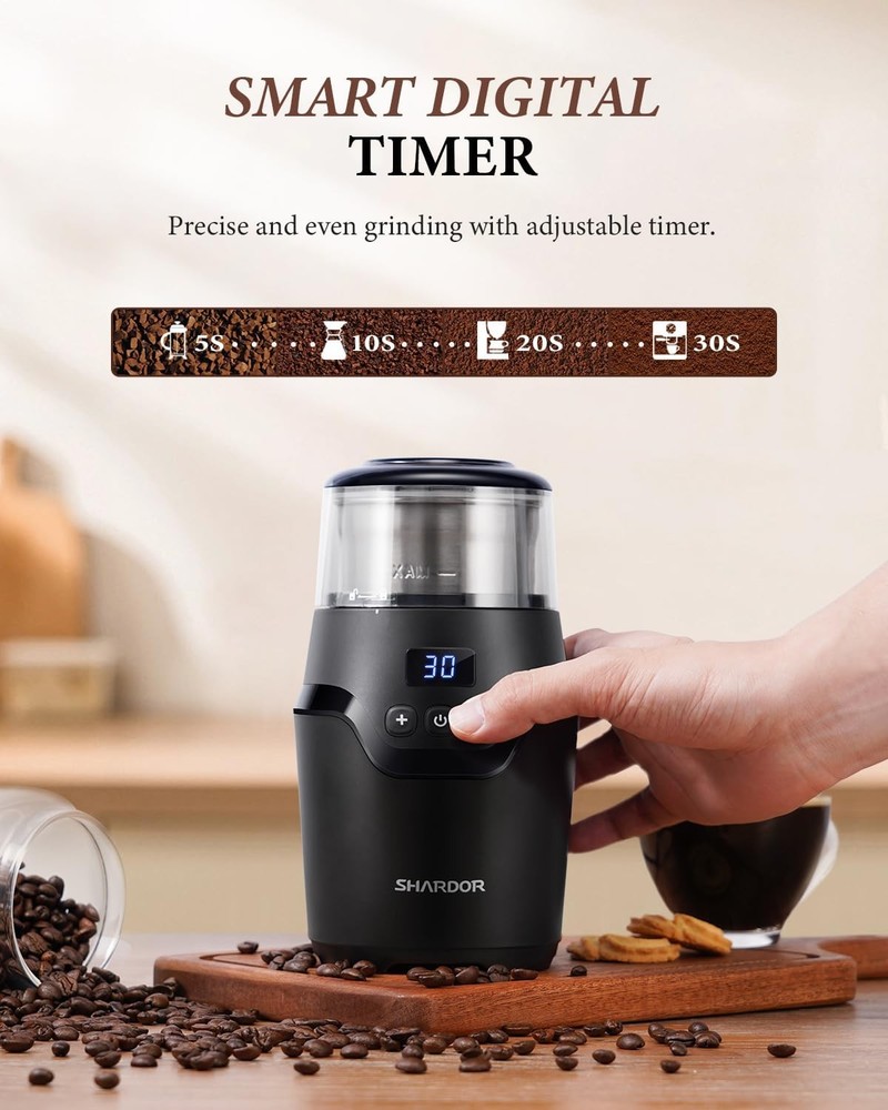 Adjustable Electric Coffee Bean Grinder, Super Silent with Smart Digital Timer