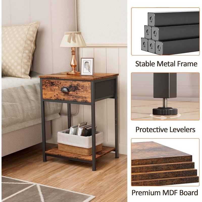 Multi-functional Nightstand W/ Fabric Drawer & Open Shelves Sturdy Side Table US