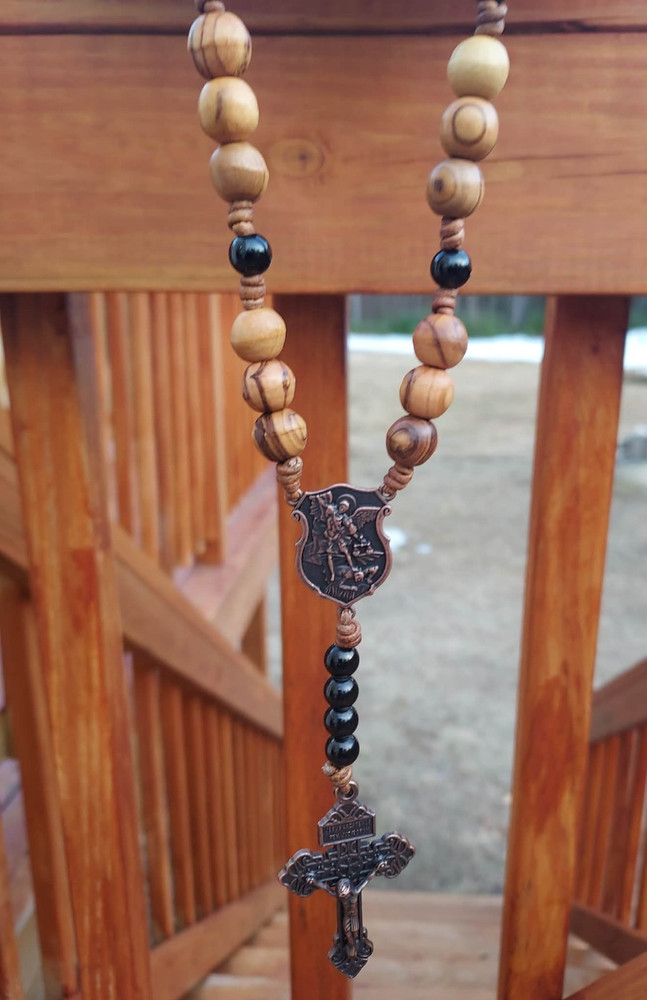 St. Michael Prayer Chaplet, Olive Wood & Black Metal Beads