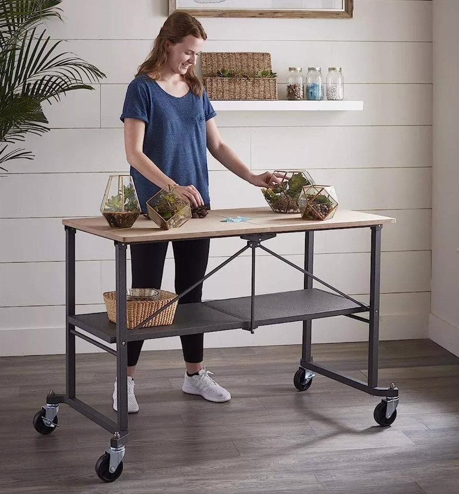 Folding Workbench Work Table w/ Wheels Bottom Shelf Storage for Workshop Garage