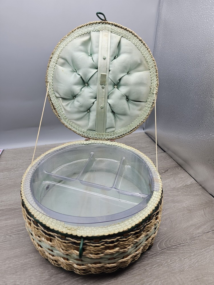 Vintage Dritz Round Wicker Sewing Basket Green
