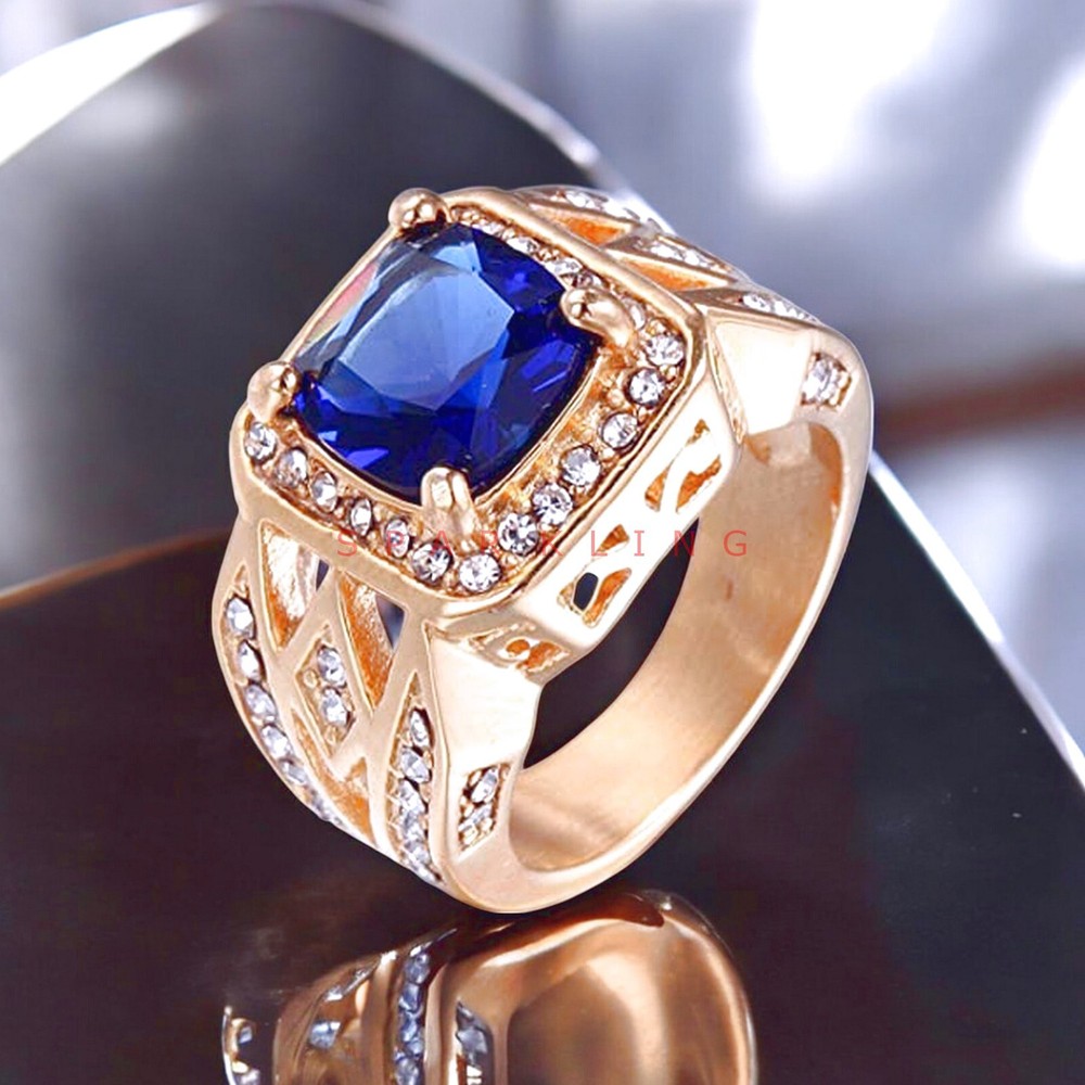 Blue Sapphire Cushion Cut With 14K Solid Gold Ring For Men#E475