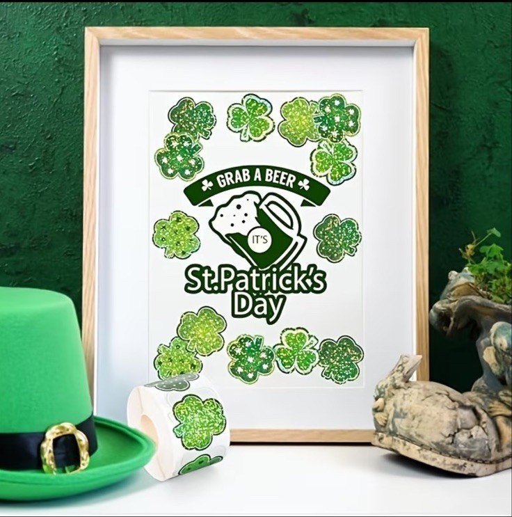 40 PCs Clover Leaf 1” St. Patricks Day Stickers Laser Glitter Finish 5 Designs