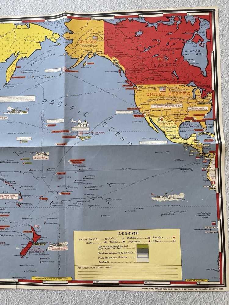 1942 Mid World War Map WWII Dated Events 17"x39" hardware store