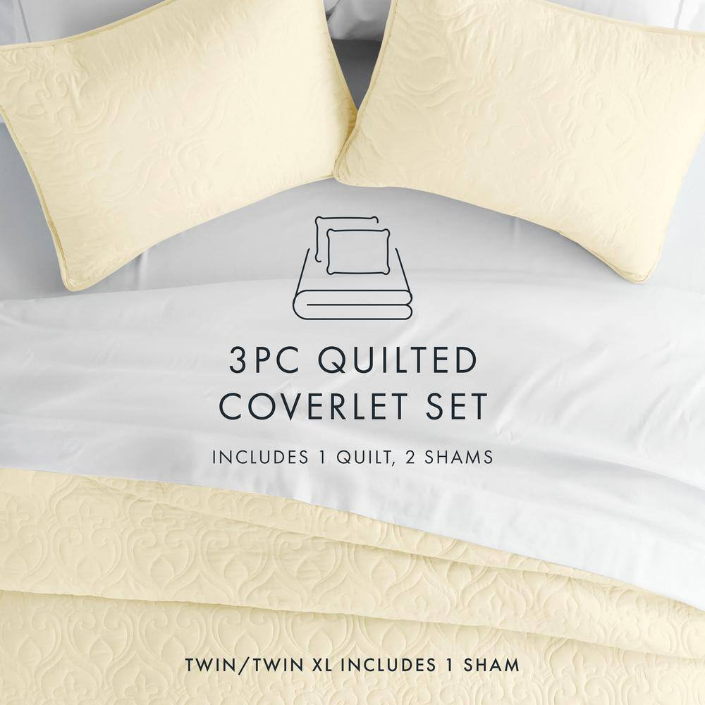 Damask Yellow Microfiber Queen Performance Quilted Coverlet Set