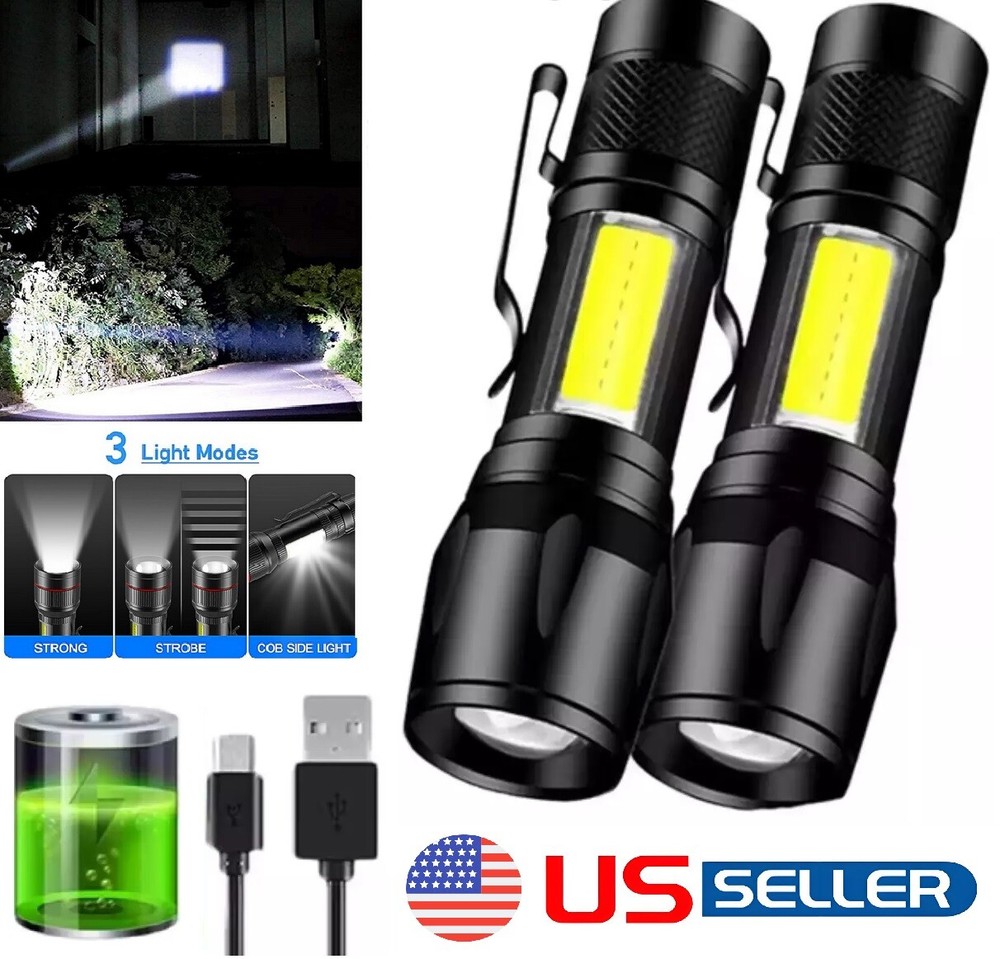 2× Tactical LED Flashlight USB Rechargeable 3 Modes Light Zoomable Lamp Torch US