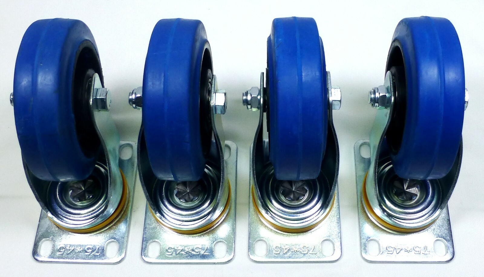 Set Of Four 4" Heavy Duty Swivel Casters, 4" Blue Rubber Wheels
