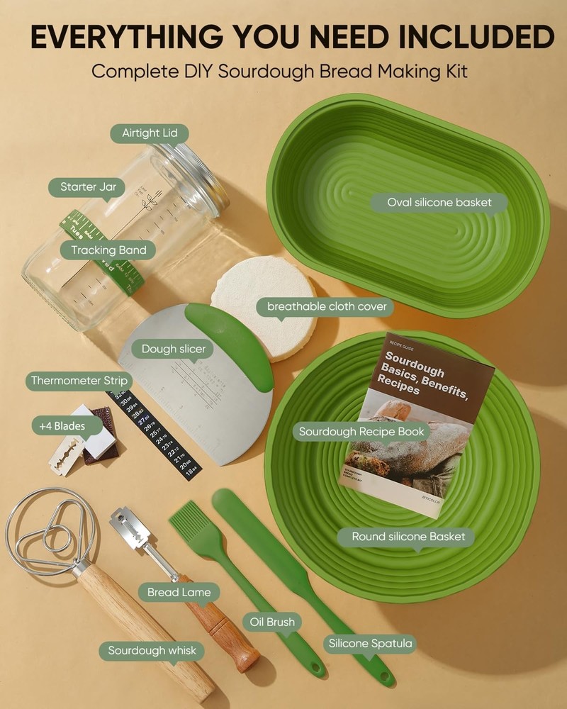 Sourdough Starter Kit 34oz with 2 Bread Proofing Baskets - Green