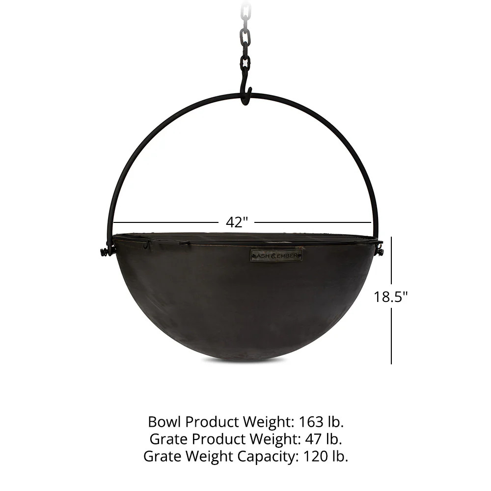 Ash & Ember 42" Cast Iron Cauldron Fire Pit Bowl with Double Hinged Grate