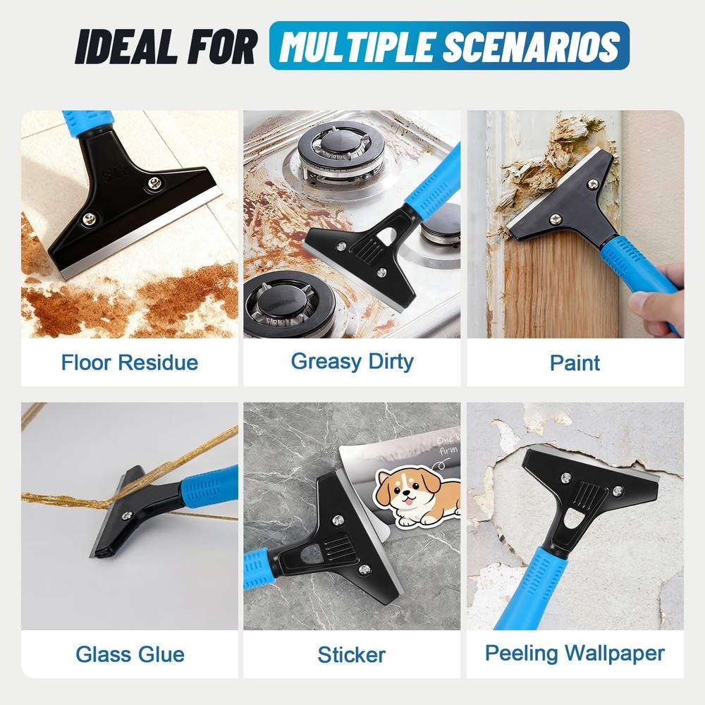 Floor Scraper Heavy Duty, Adjustable 8"-72" Long Handle Razor Blade Scraper T...