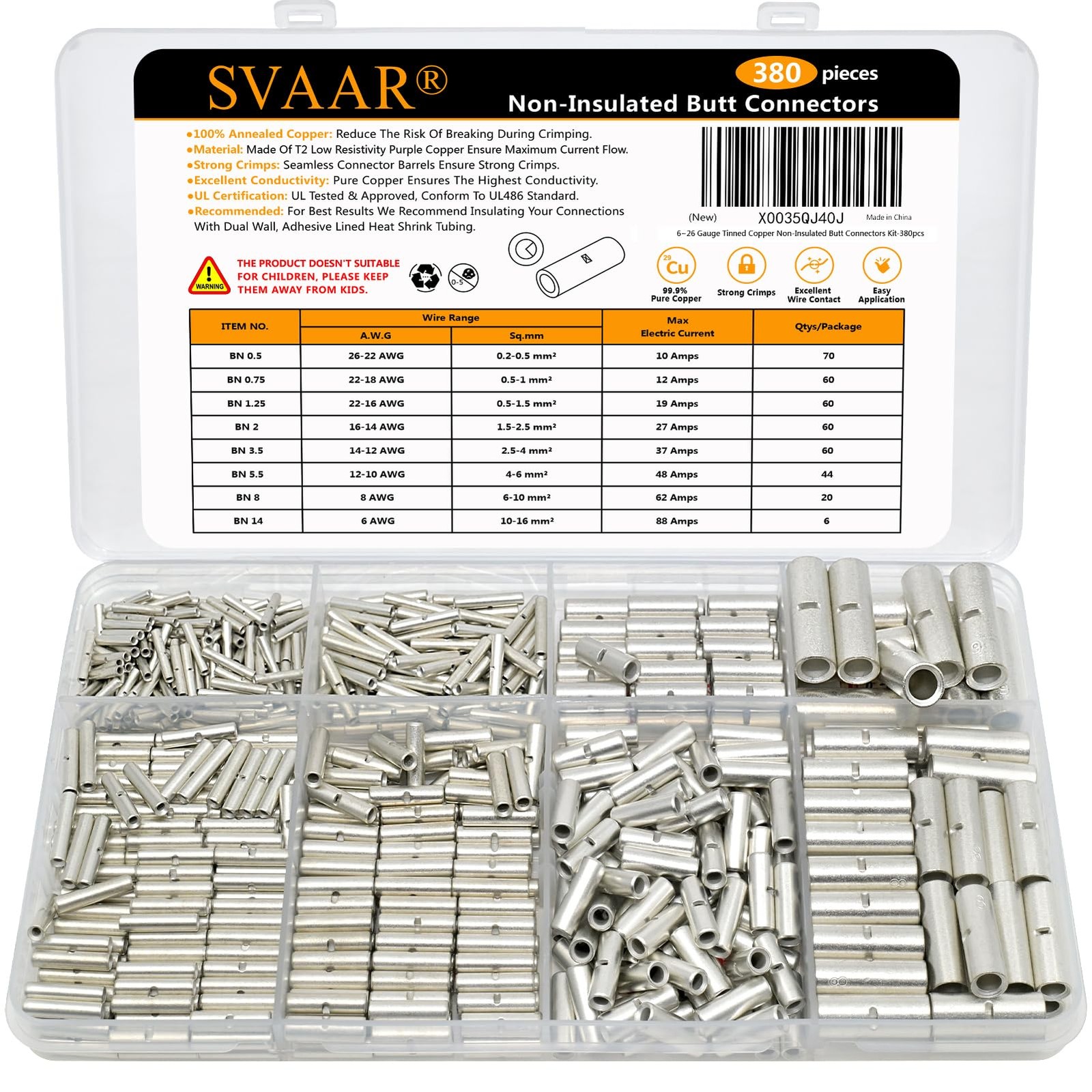 SVAAR 380PCS Non Insulated Butt Connectors Kit Butt Splice Connector Uninsula...