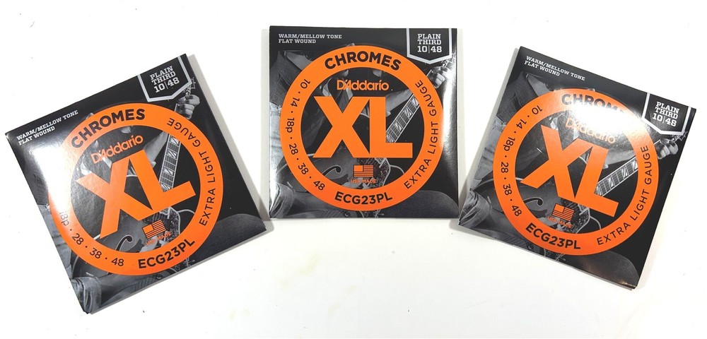 D'Addario Guitar Strings 3 Sets Flatwound Chromes Extra Light 10-48 Plain 3rd