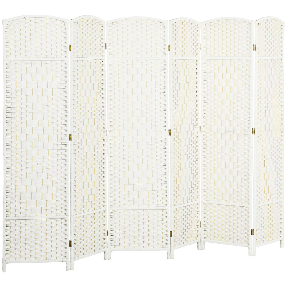 6 Panel Room Divider Hand-Woven Freestanding Partition, White