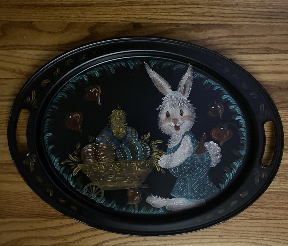 VTG Handpainted Easter Tray Bunny Rabbit With Eggs Side Handles Heritage Studios