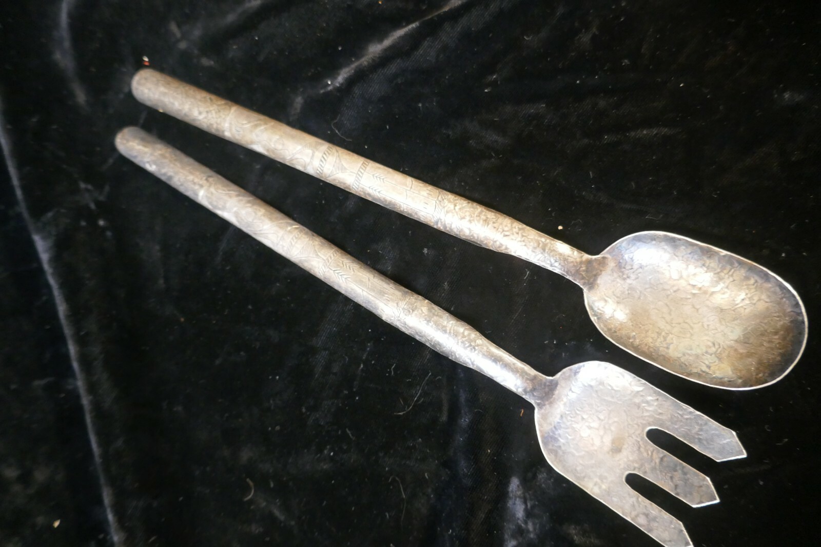 Rare Antique (Tlingit) Native Hand Carved silver Salad Set c:1900 Trade item