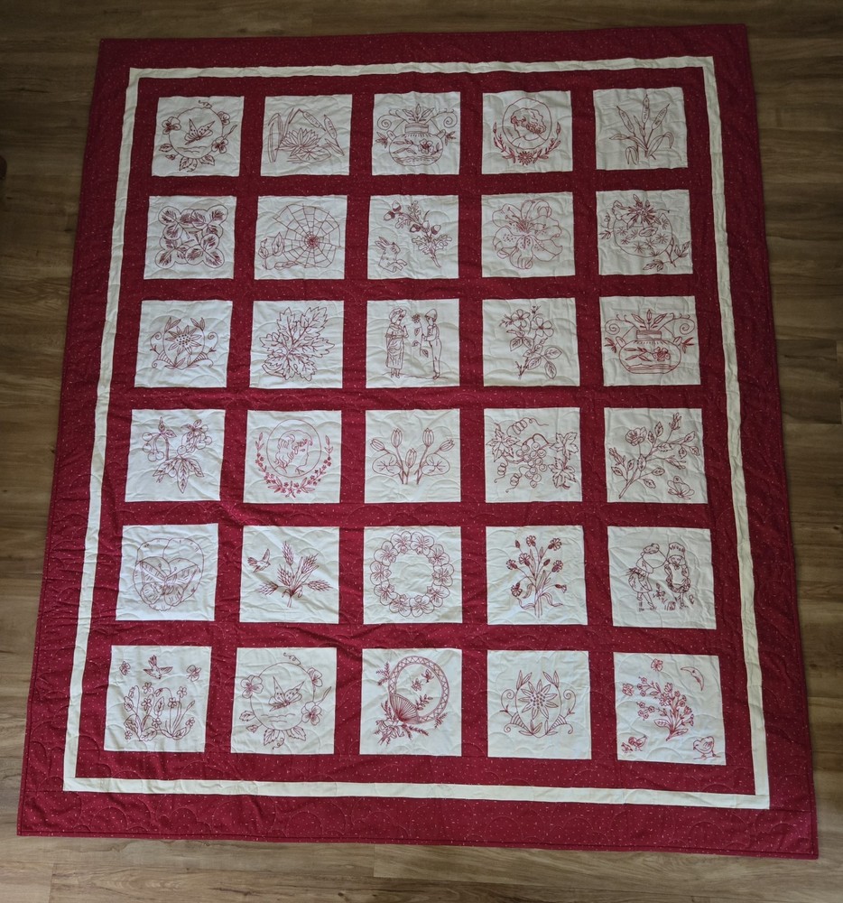 Redwork Quilt, Hand Emboidery, 30+ Blocks, 71" x 60"