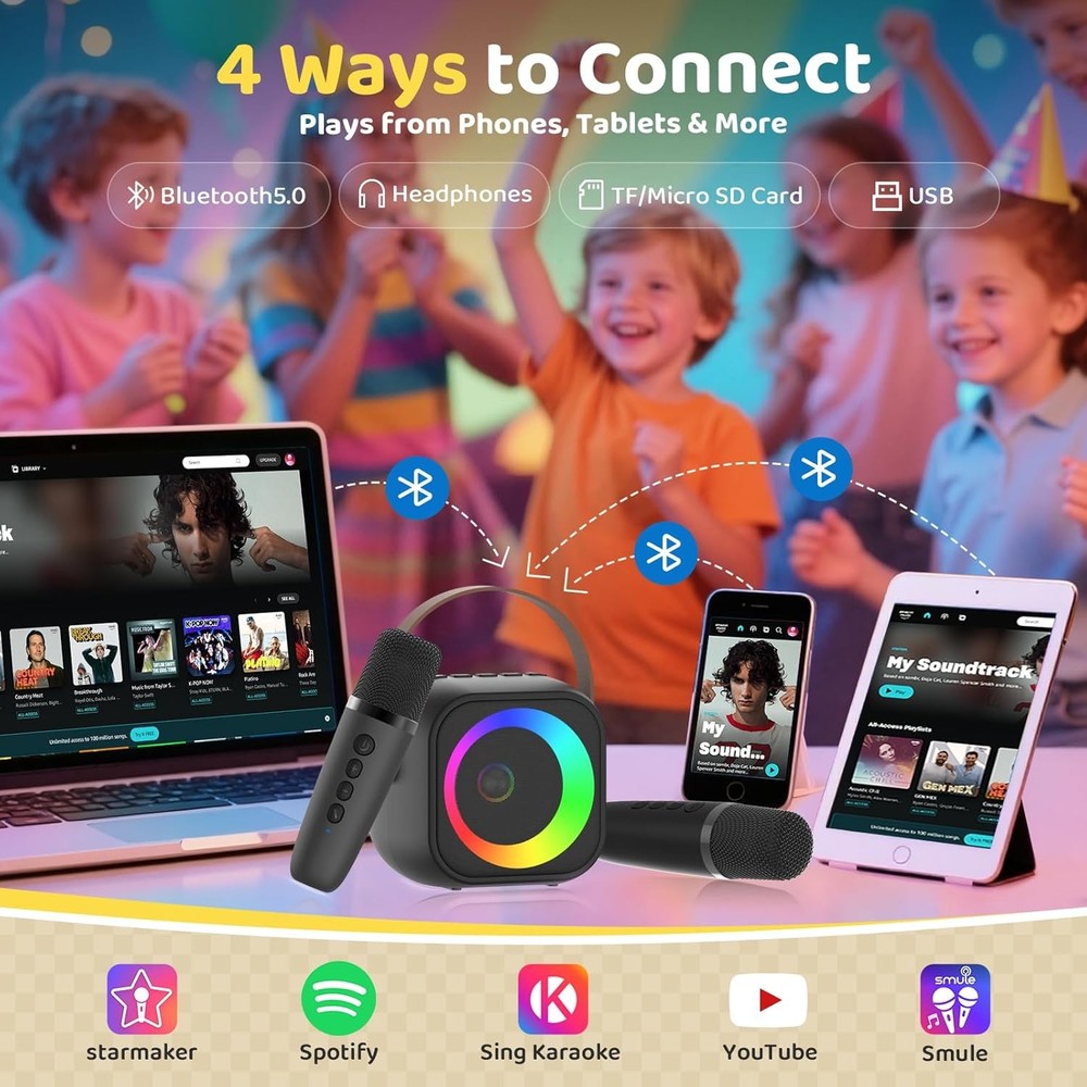 Mini Karaoke Machine, Portable Bluetooth Karaoke Speaker with 2 Wireless Microph