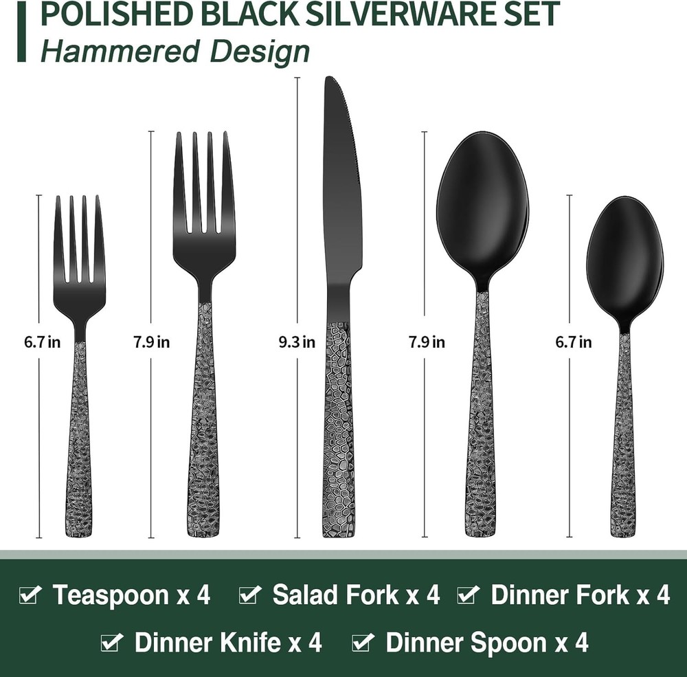 Black Hammered Silverware Set, 20-Piece Stainless Steel Square Flatware Set for