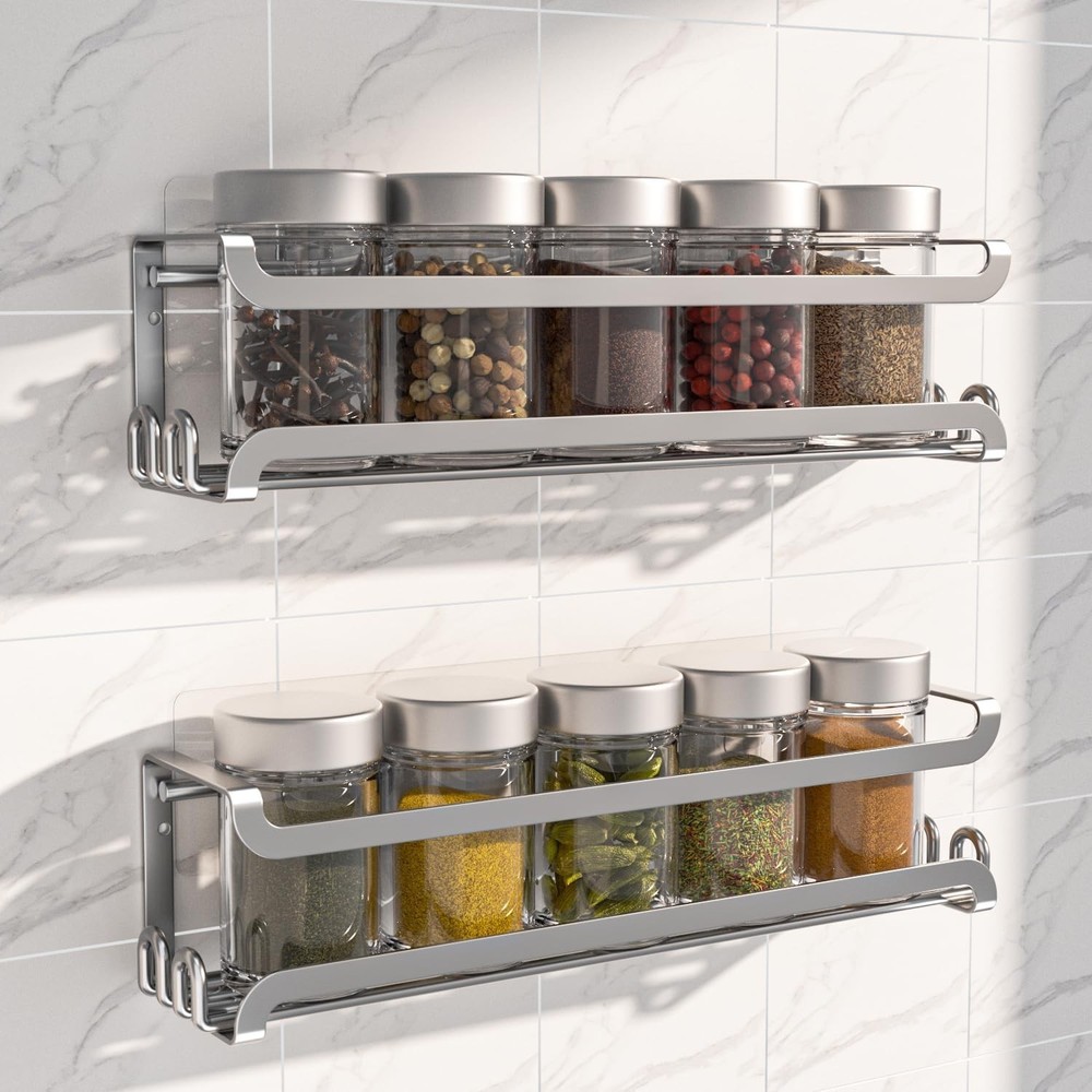 2 Pack Wall Mounted Spice Rack with 8 Hooks Spice Organizer Shelf Silver