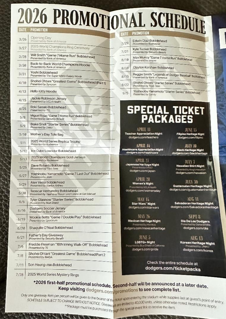 LOS ANGELES DODGERS 2026 POCKET SCHEDULE SHOHEI OHTANI FREEMAN NAKAMOTO