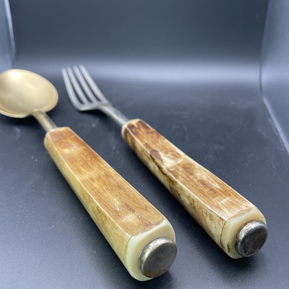 faux bone Wood handle serving fork spoon Plastic? Bakelite? Celluloid?