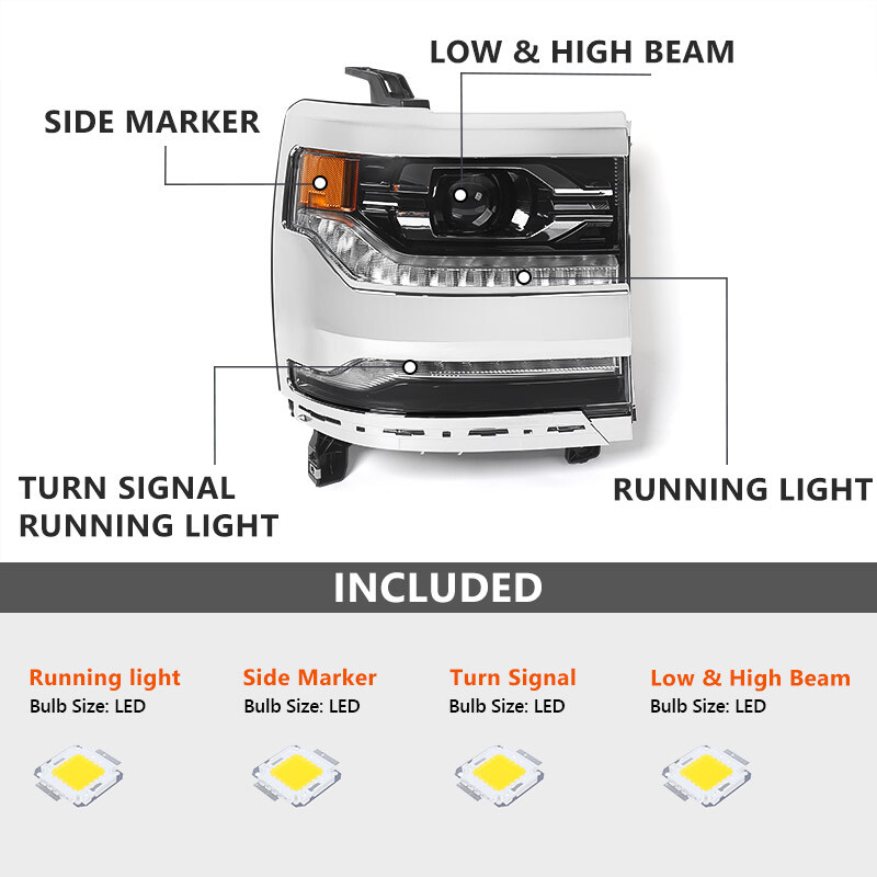 Pair FULL LED For 2016-2018 Chevy Silverado 1500 LTZ Headlights Assembly Chrome