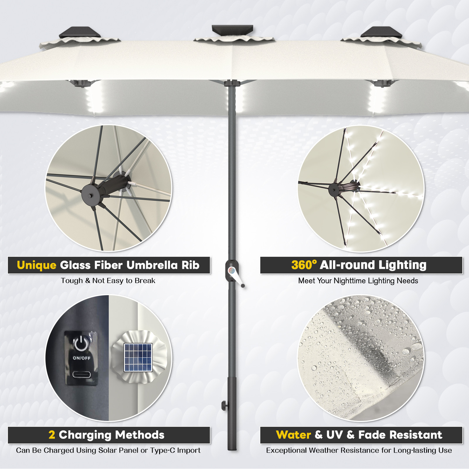 Solar 15ft Double Sided Patio Umbrella with Crank Handle & Integrated LED Lights