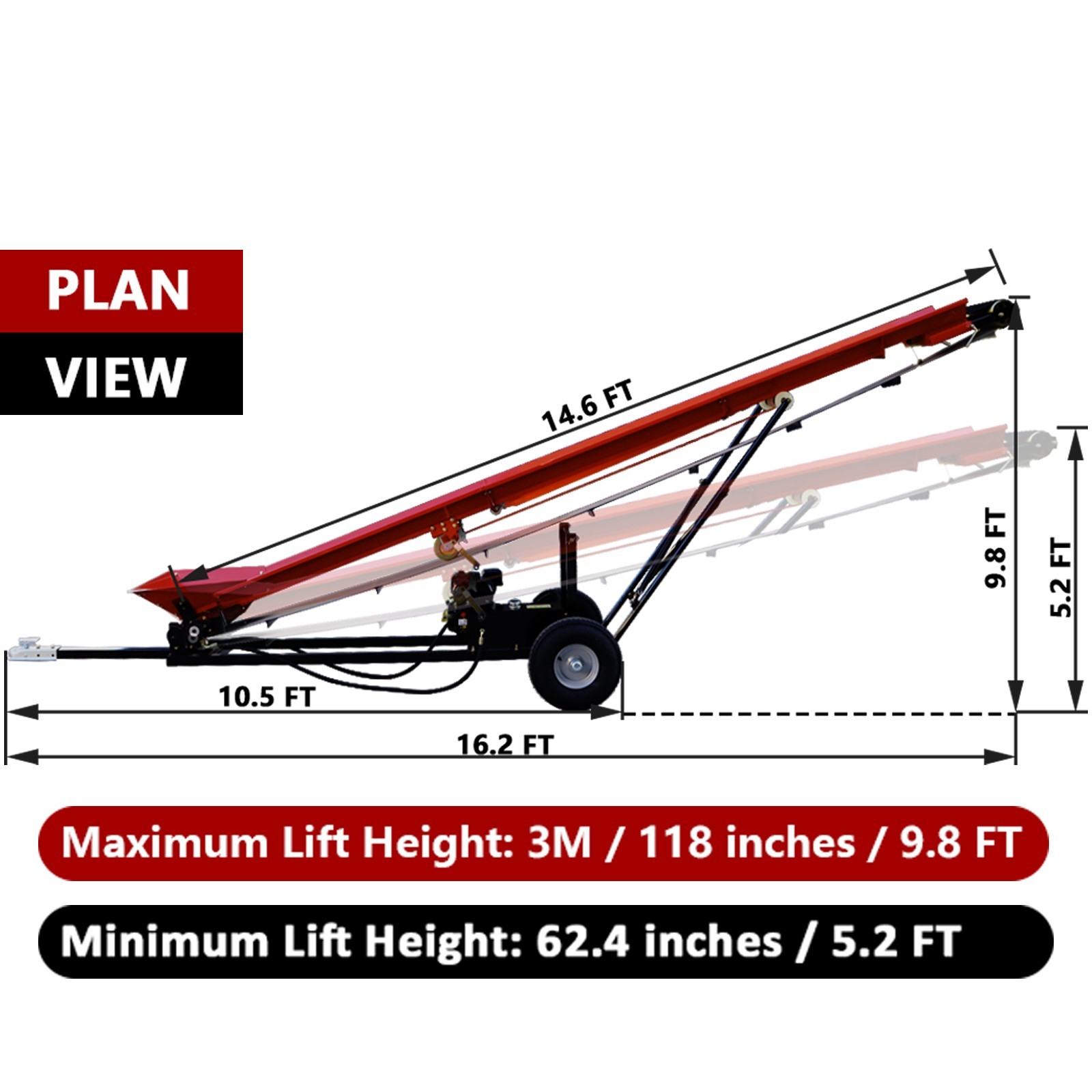 12" Firewood Conveyor 6.5HP Gas Powered 118in Lift Height Belt Log Elevator