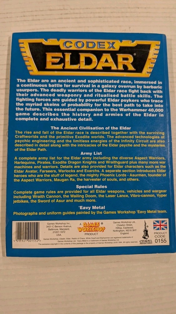 Warhammer 40K Classic Eldar Codex 2nd Ed. 1994 Army Book Aeldari OOP
