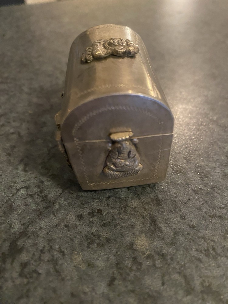 Antique Tiny Alpaca Silver Chest with embossed motifs & lock.