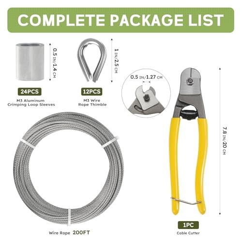 7 x 7 Strands Wire Rope with Aluminium 200FT 1/8 Inch Stainless Steel Cable Kit