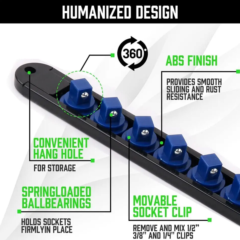 ABS Socket Organizer 1/2 3/8 1/4 inch Drive Socket Rail Holders Wall Mount Blue