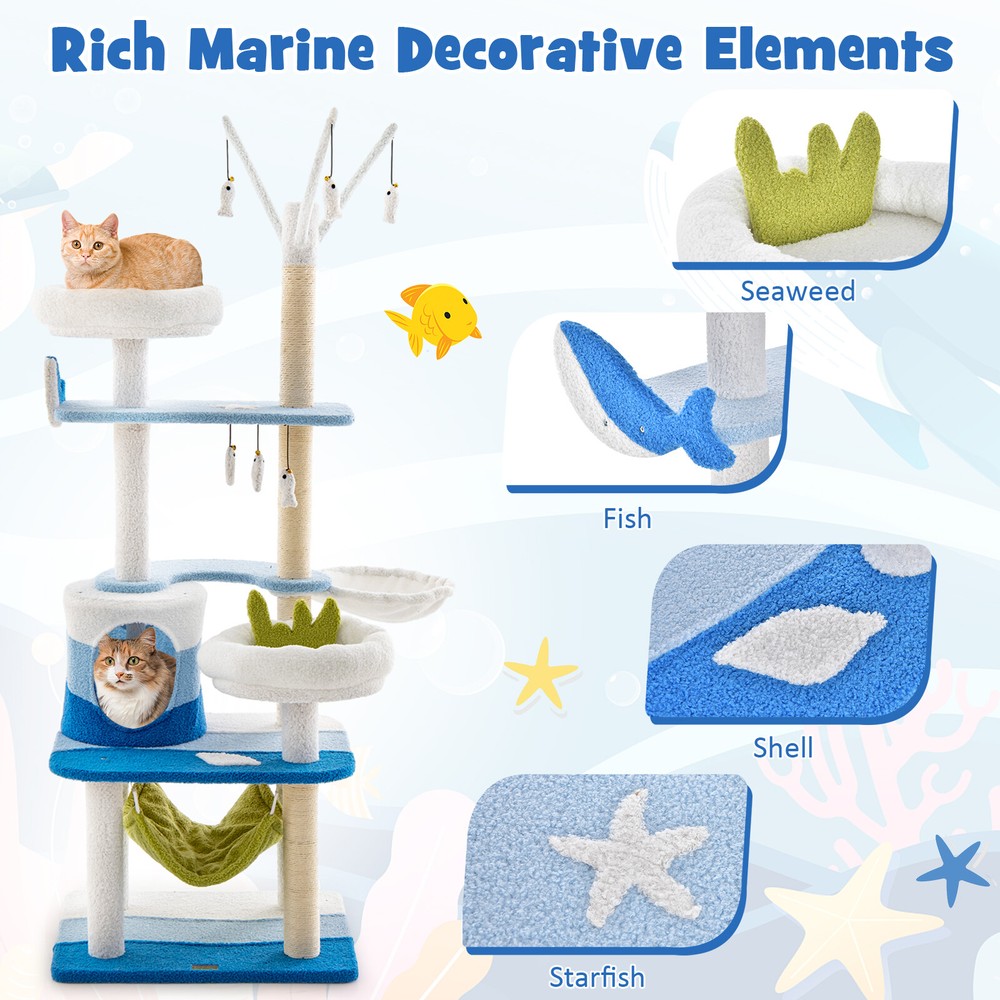 Ocean-themed Cat Tree Multi-level w/Sisal Scratching Posts Dangling Toys Hammock