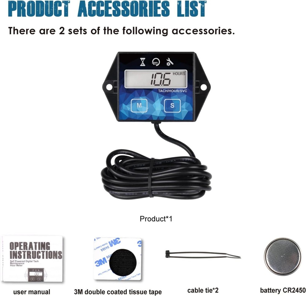 LCD Inductive Hour Meter Tachometer SVC Maintenance 2/4 Stroke Gasoline Engine