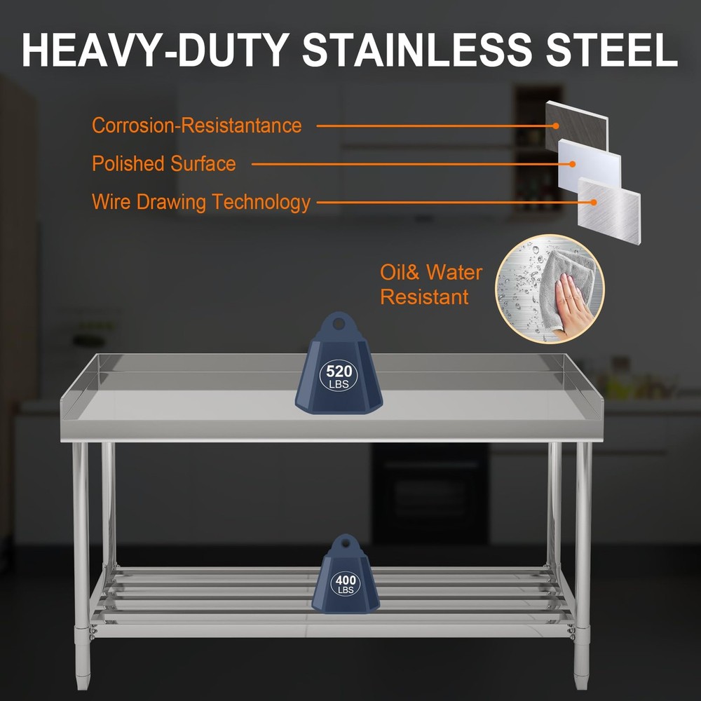 48'' x 24'' Stainless Steel Table for Prep & Work with Backsplash for Kitchen
