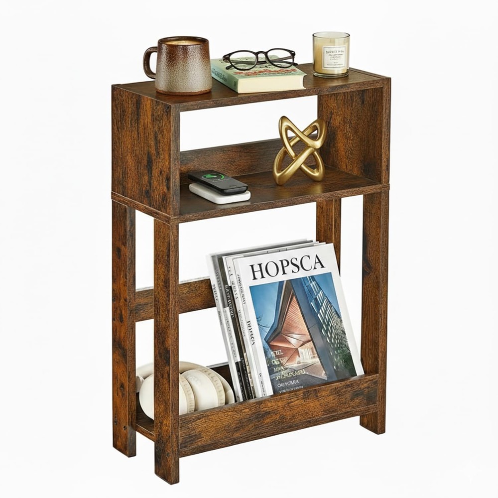 3-Tier Narrow Side Table Skinny End Table Bedside Nightstand Rustic Brown