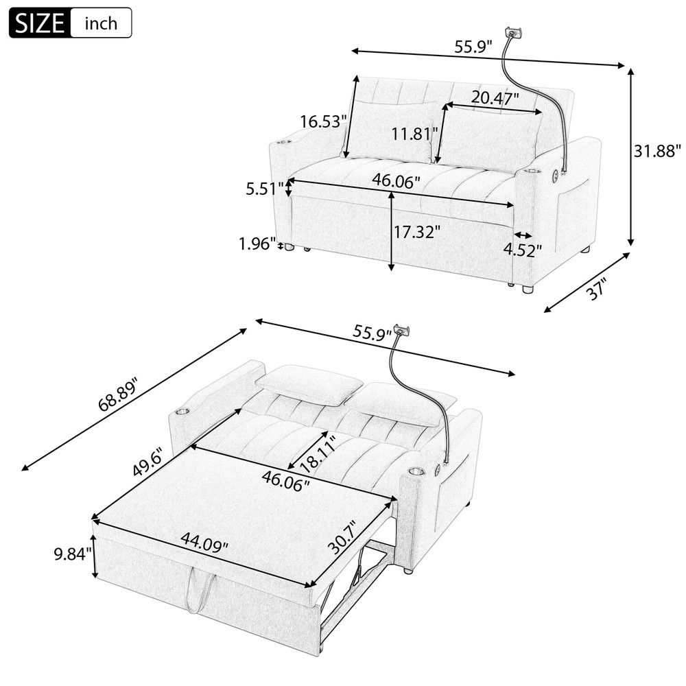55.9'' Convertible Sleeper Sofa Bed Loveseat Sofa with Pull Out Bed & USB Ports