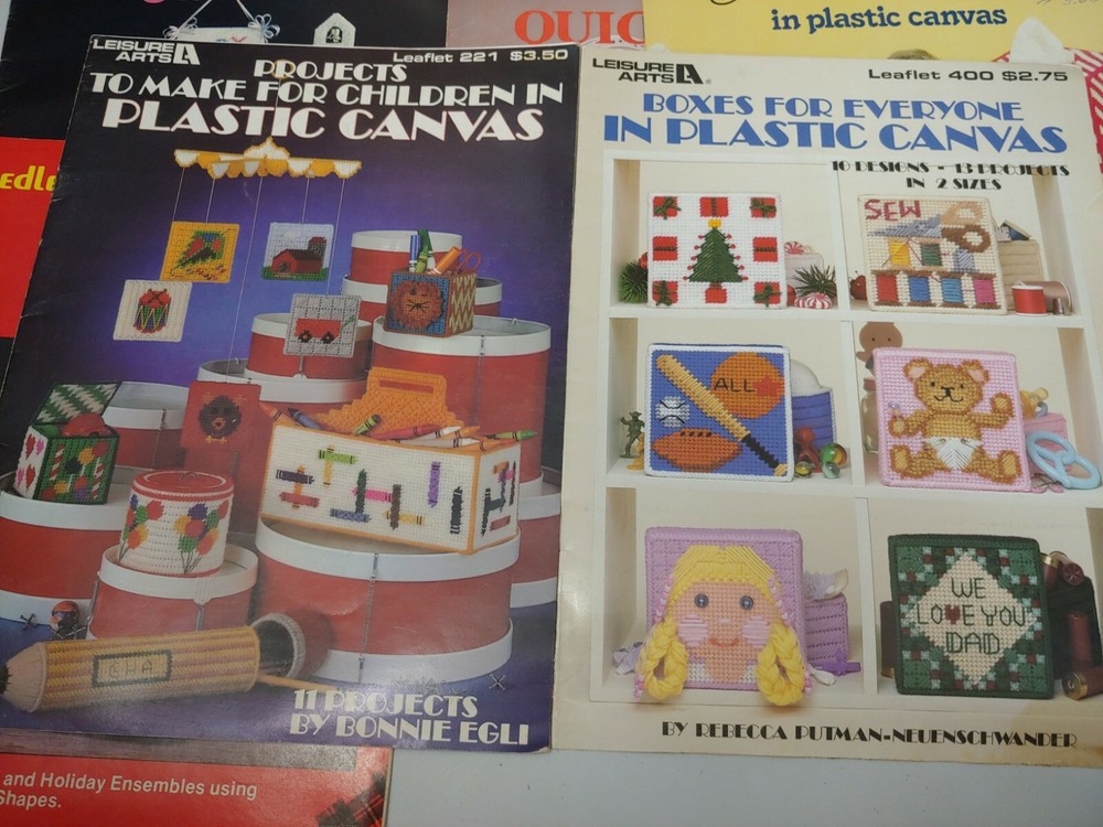 6 PLASTIC CANVAS leaflets MOBILE CHECKERS boxes picture frames tissue covers