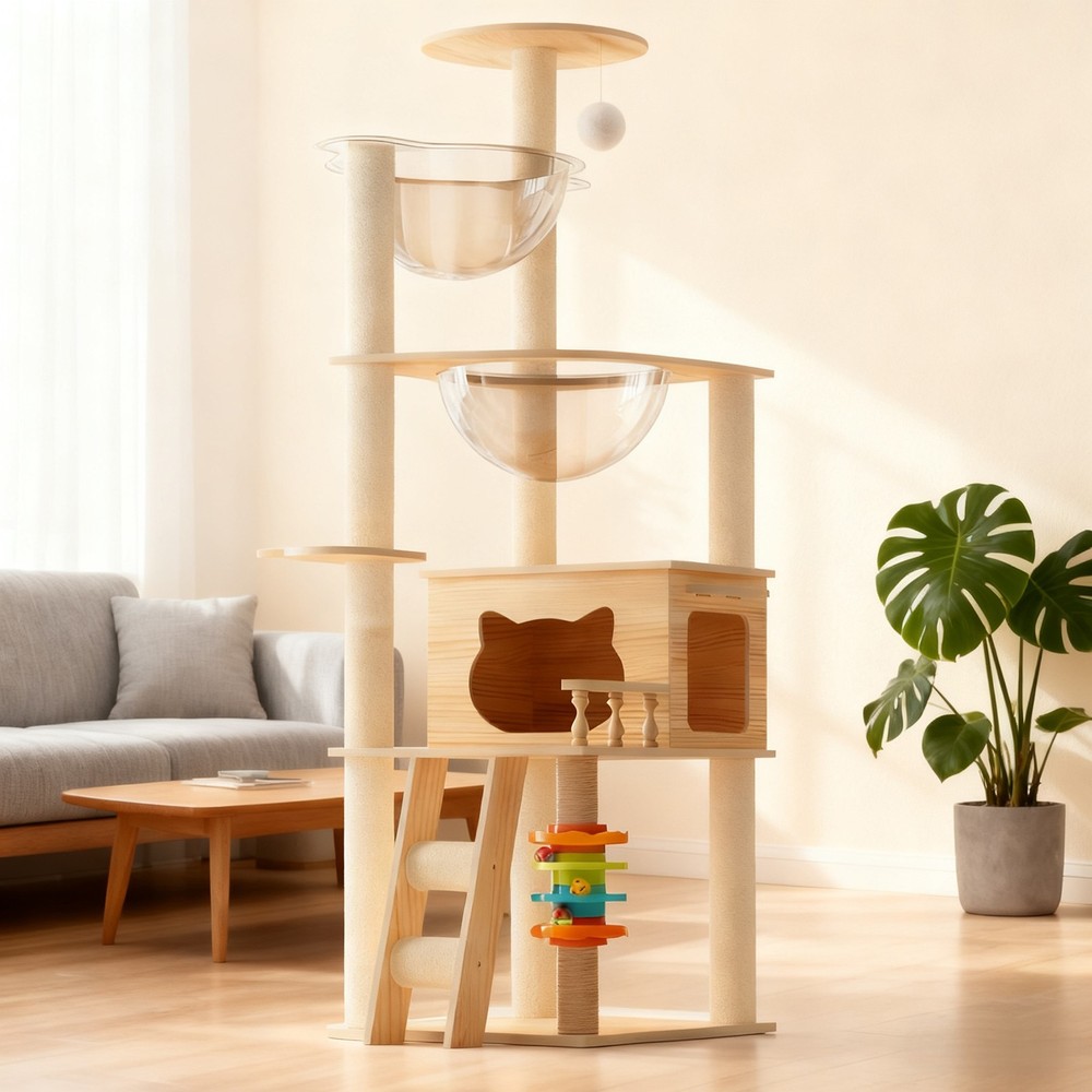 Modern Cat Tower with Scratching Posts, Perch & Acrylic Hammock for Cats